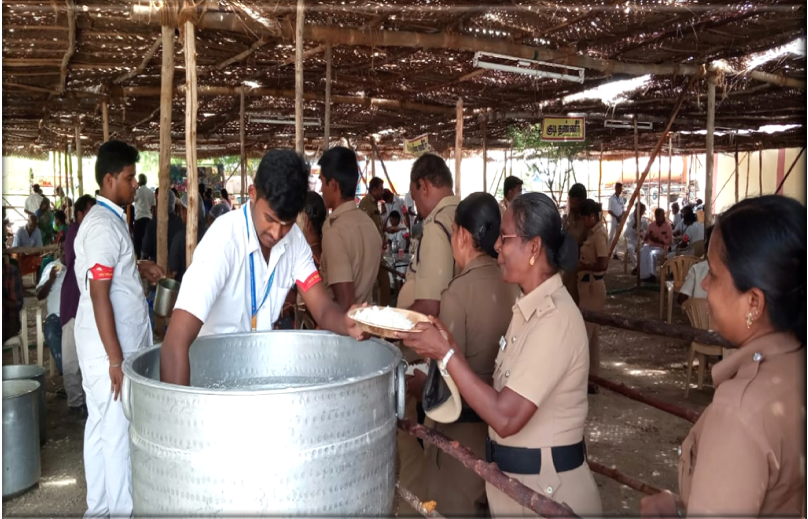 Food distribution to Police personnel by NSS volunteers at Siva temple, Mangalam Village, Namakkal 